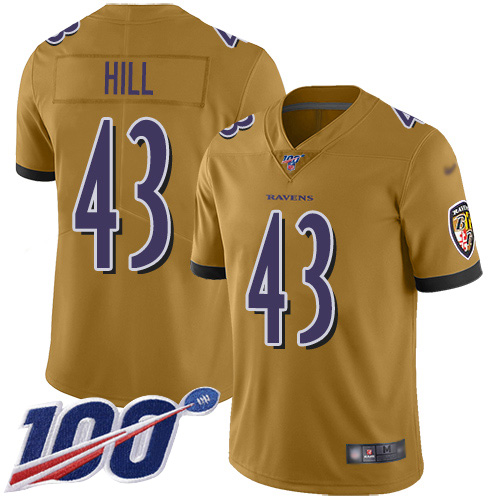 Baltimore Ravens Limited Gold Men Justice Hill Jersey NFL Football #43 100th Season Inverted Legend->youth nfl jersey->Youth Jersey